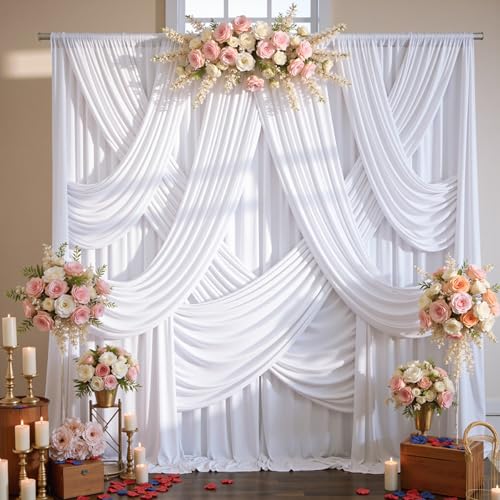 20ftx12ft White Backdrop Curtain for Wedding Parties, Wrinkle Free 4 Panels Silky Polyester 12 ft...