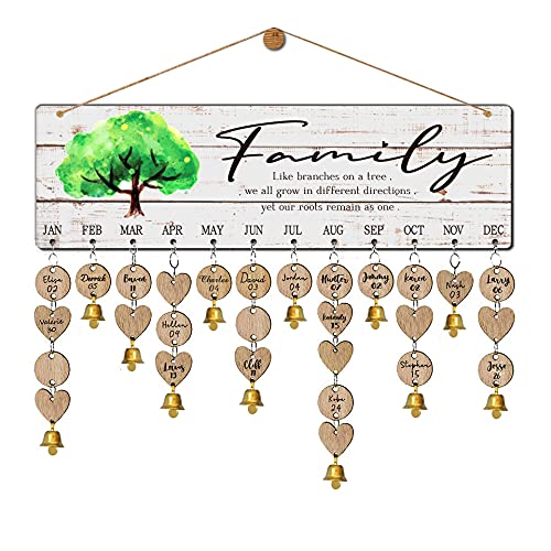 Buecasa Wooden Family Tree Birthday Reminder Calendar Board Wall Hanging - DIY Decorative Birthday Tracker Plaque with 100 Tags