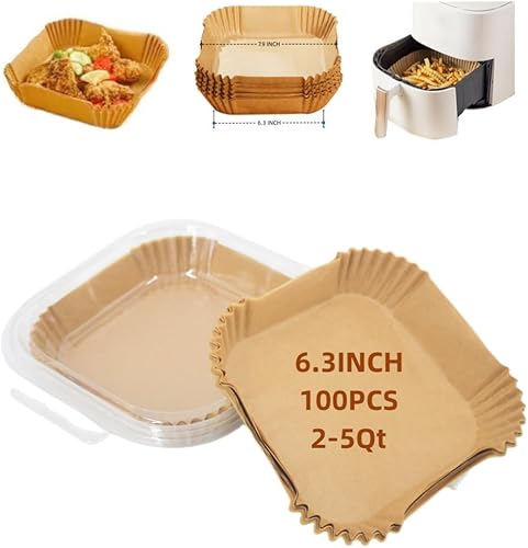 Forro de papel pergamino desechable para freidora de aire, cuadrado de 6.3 pulgadas, para freidora de aire de 3 a 5 cuartos de galón, 100 piezas de
