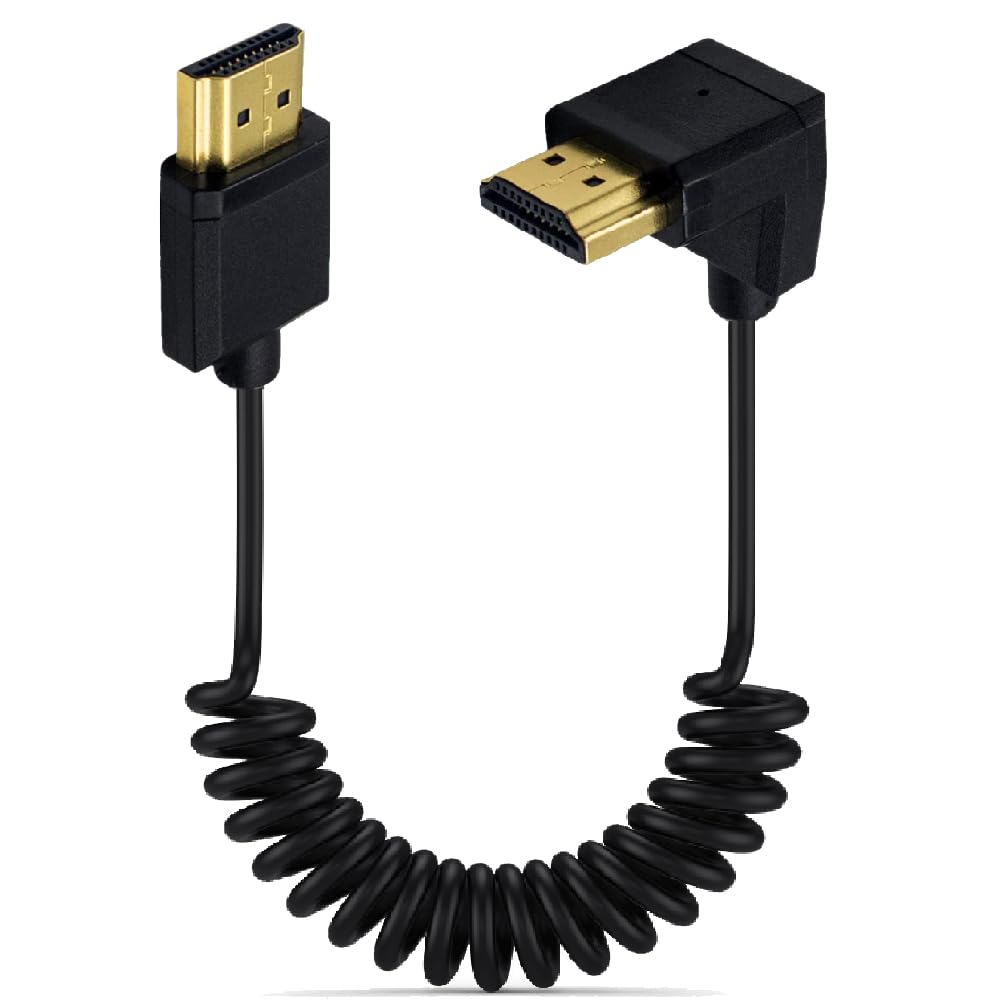 3.9ft HDMI 4K Coiled Cable, HDMI 2.0 Version HD High Speed Cable, 90 Degree Down Angle HDMI Male to HDMI Male Adapter Spring Spiral Cord, 4k 2k 60HZ (Down Angle)