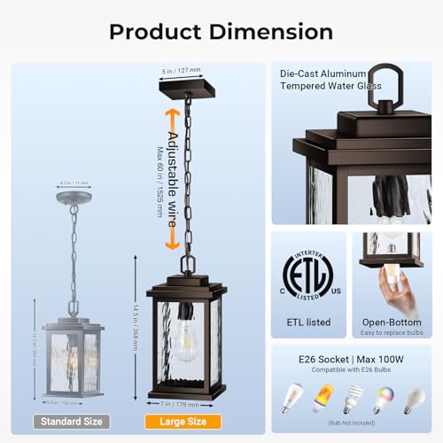 VIANIS Bronze Large Outdoor Pendant Light Fixtures with Water Glass, Anti-Rust Waterproof Hanging Light Fixture with Adjustable Wire, Easy-to-Install Outdoor Hanging Lantern for Porch, Garden, Garage by VIANIS - Used condition - Image 6