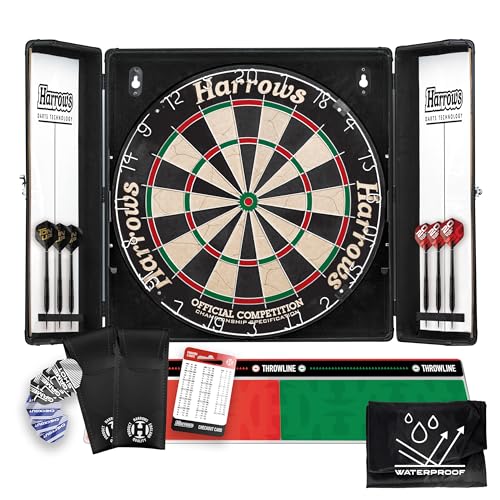 Harrows - Juego de dardos de competición oficial, gabinete de aluminio, 6 dardos de trofeo, línea de tiro Oche y cubierta resistente al agua