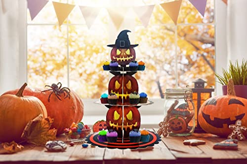 Halloween Cupcake Stand, 3 Tier Pumpkin Cardboard Cake Stand Tower, Orange Dessert Stand Holder, Halloween Cupcake Serving Tray, Halloween Birthday Party Supplies Decoration #TOP4