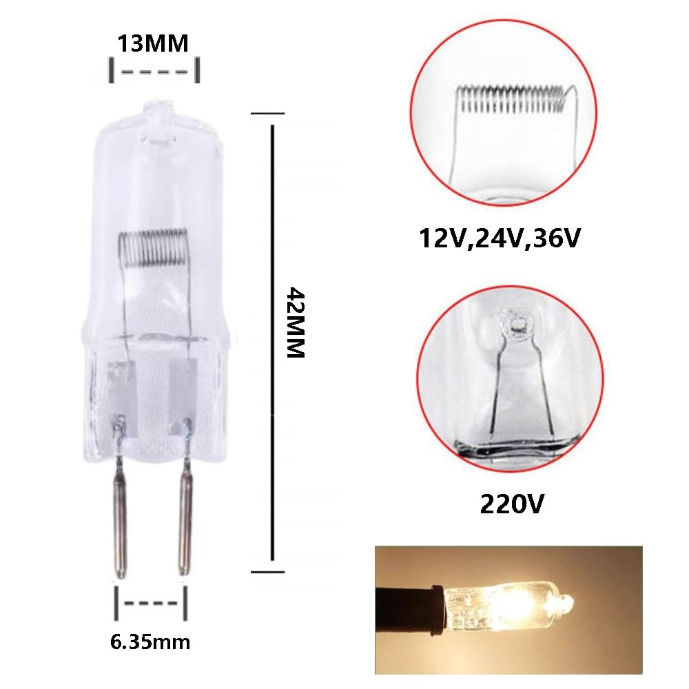Lampadina alogena G6.35 24 V 100 W 150 W 250 W 24 V bianco caldo 2700 K Sorgente luminosa alogena con attacco GY6.35, adatta per illuminazione di armadi e display (10 pezzi/24 V 150 W)