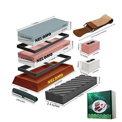 Whetstone, NELOMO Knife Sharpening Stone Set 400/1000 3000/8000 Grit 4 Side Knife Sharpener Stone Wet Water Stone Kit with Non-Slip Oak Base Leather Strop Angle Guide Flattening Stone
