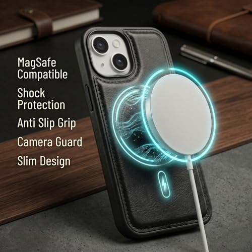 Image of amazon basics Premium PU Leather Case for iPhone 13, MagSafe Compatible Magnetic Ring, Sleek Protective Back Cover - [Black]