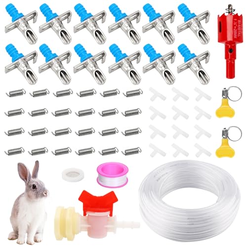 Automatic Rabbit Nipple Drinker Kit 12 Sets No-Leak Water Nipples with 19FT Hose & Installation Tools Steel & ABS Bite-Proof Watering System for Rabbits Poultry Chinchillas & Small Caged Animals
