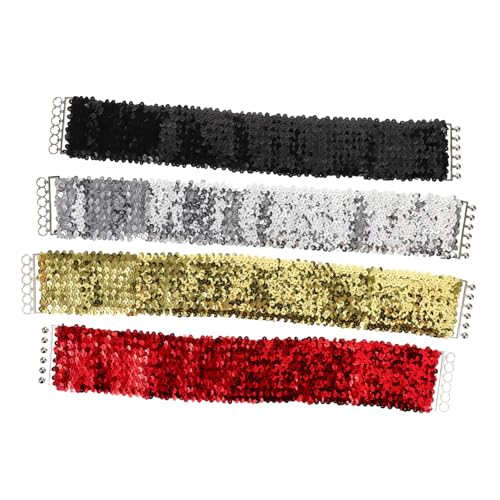 4pcs Sequin Waist Belt for Women Sparkle Elastic Cinch Belt with Bling Buckle for Disco Parties Costumes Versatile Fashion Accessory