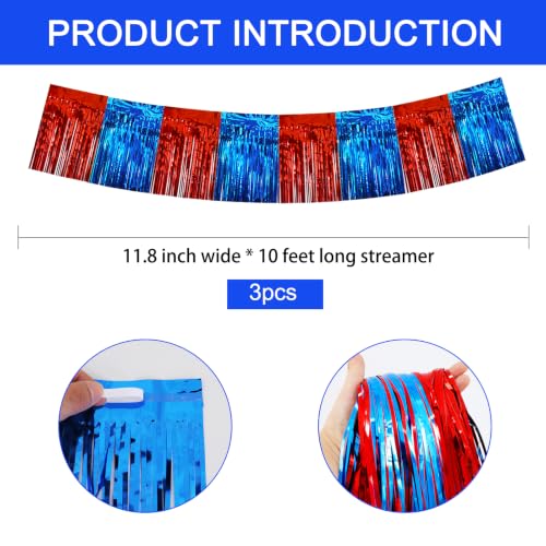 Image of BEISHIDA 3 Pack Red Blue Foil Fringe Garland 30ft Wall Tinsel Banner
