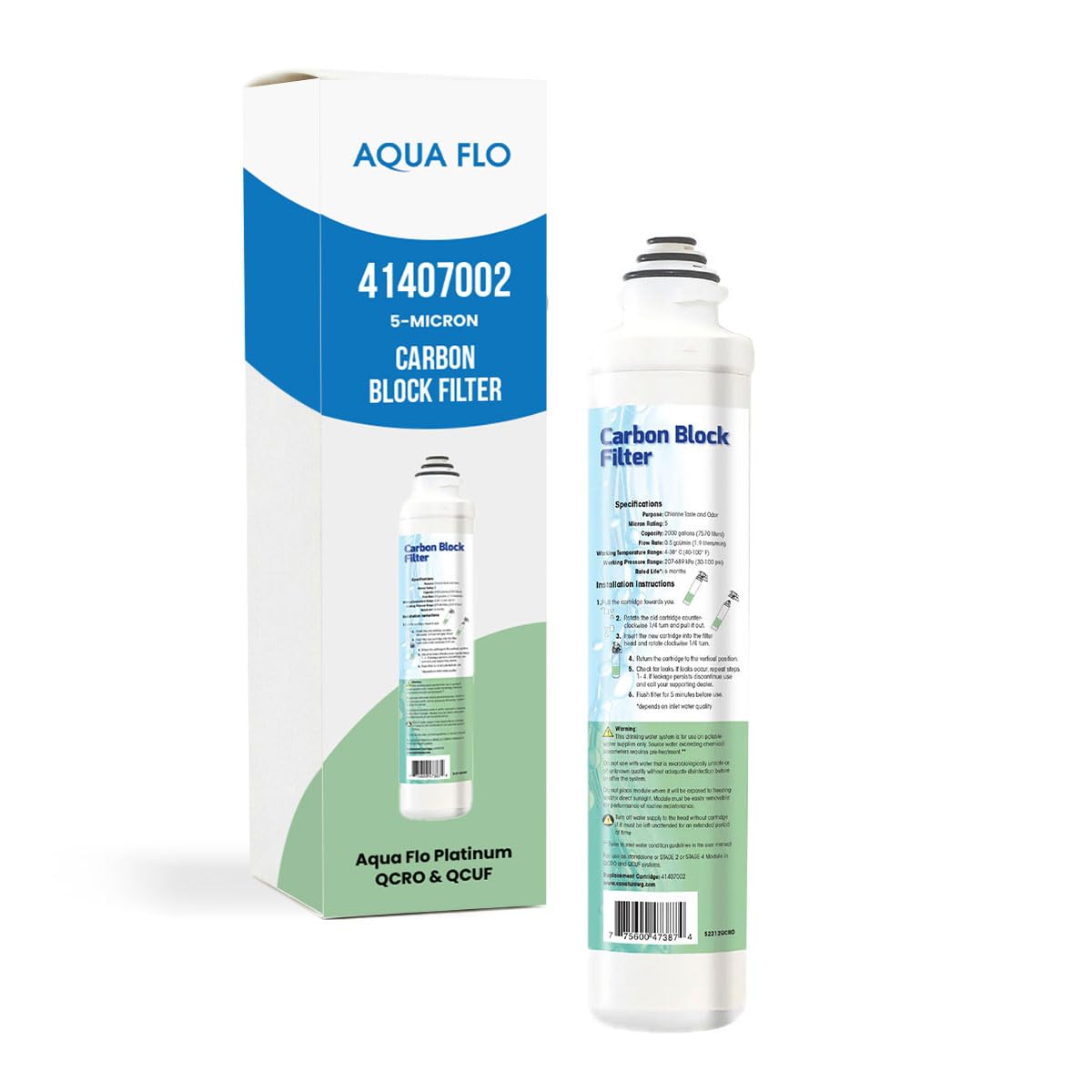 Aqua Flo 41407002 Carbon Block RO Filter, 5 Micron – Replacement for Platinum QCRO 4-Stage System, Quick-Change Cartridge for 2nd & 4th Stage,