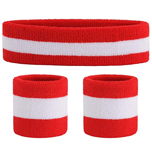 Image of ONUPGO Sweatband Set Sports Headband Wrist Striped Sweatbands Terry Cloth Wristband Athletic Exercise Basketball Wrist Sweatband and Headbands Moisture Wicking Sweat Absorbing Head Band