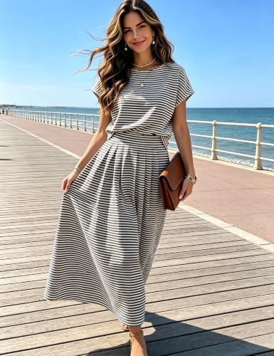 Image of Zontroldy Women's Summer 2 Piece Outfits Striped Skirt Sets Cap Sleeve Crop Top Midi Dress Matching Travel Outfits