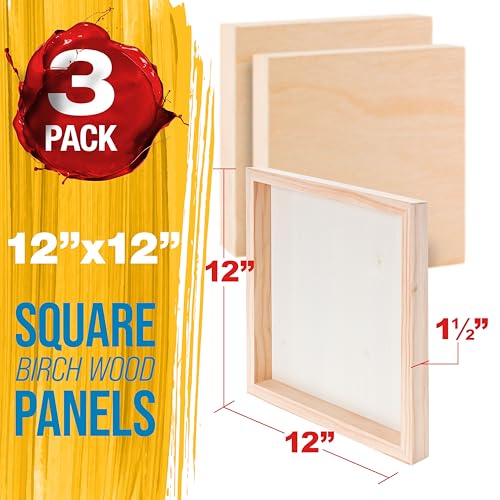 U.S. Art Supply 12" x 12" Unfinished Cradled Wood Panels for Painting, Gallery 1-1/2" Deep (3 Pack) - Artist Depth Wooden Wall Canvases - Mixed-Media Craft, Acrylic, Oil, Encaustic, Paint Pouring - Thumbnail 2
