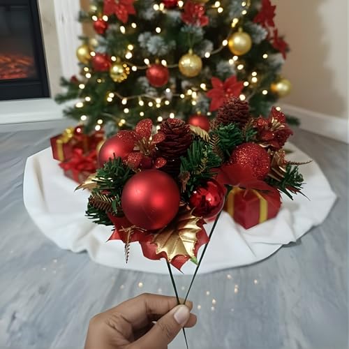 Image of Crackles Christmas Cherry Apple Pine Decoration | Artificial Xmas Ornaments for Tree, Wreath, Gifts & Home Decor | Festive Decorative Accessories (multicolor) Pack of 1