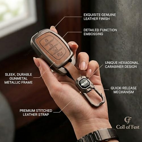 Image of Coll of Fest Premium Metal Leather Key Cover Compatible with Hyundai Creta | Venue | i20 | Tucson | Elantra | Alcazar | Creta 2022 4 Button Smart Key