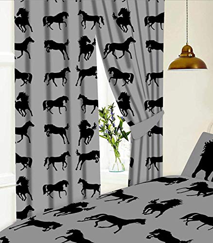 KIDZ KOLLECTIONZ 66" x 72" Horses Grey Curtains With Tie Backs, Pencil Pleat, Novelty Kids Pony Equestrian Show Silhouette