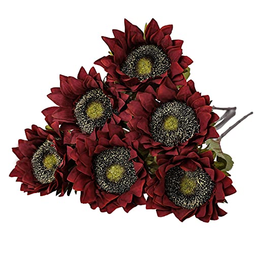 Tifuly 6PCS Girasoles Artificiales Retro, 17.3 Pulgadas de un Solo Tallo de Girasol Falso de Seda Realista para la decoración de centros de Mesa de la Boda del hogar de la Oficina(Rojo) Cover