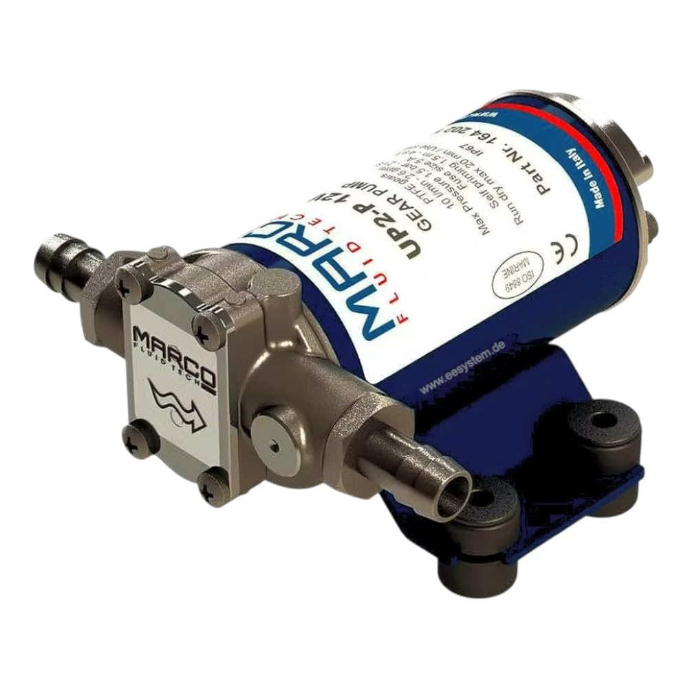 Marco UP2-P 24V Pompa ad ingranaggi autoadescante - 10 L/min, 1.5 Bar, IP67, PEEK, alloggiamento in nichel, Made in Italy