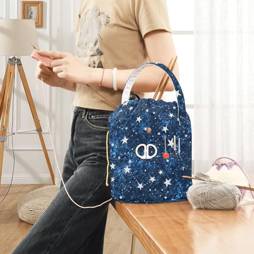 Image of Tatenale Crochet Bag Yarn Bag Knitting Project Bag with Pockets and Handle Portable Yarn Storage Organizer Tangle Free 8.3x11 InchDark Blue Star33