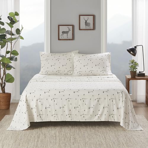 Image of Woolrich Cotton Sheet Set Cottage Charms Print, 100% Cotton Flannel Sheets Warm & Fuzzy Bedding Set Cal King Size Sheets, Fitted Pocket Fits Up to 14 inch Mattress, Cal King Black Pine Trees 4 Piece