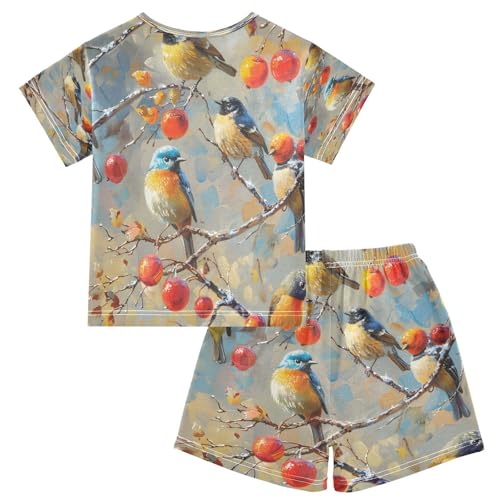 senya Short Sleeve Pajamas Sets Summer Cotton Sleepwear Leaves Bird Red Fruit2