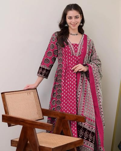 Image of ANNI Designer Women's Pure Cotton Anarkali Kurta Set for Women with Dupatta & Plazzo - Hand Block Print Suit Set | Stylish Dress | Cotton Kurta Set for Women