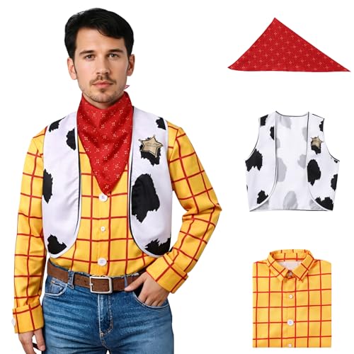 Cowboy Costume for Men with Yellow Plaid Button Down Long Sleeve Shirt Men Cowboy Vest Cow Print Vest Neckerchief Western Outfit with Sheriff Badge for Halloween Cosplay Party (XXL)