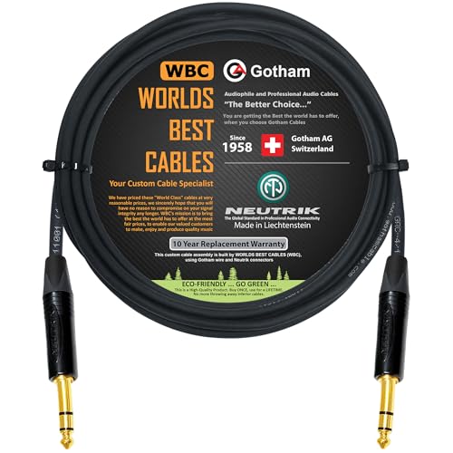 WORLDS BEST CABLES 15 Foot - Gotham GAC-4/1 (Black) - Star Quad - 2xShielded (100% Coverage) Balanced Patch Cable w/Neutrik NP3X-B ¼ Inch (6.35mm) TRS Plugs - Custom Made