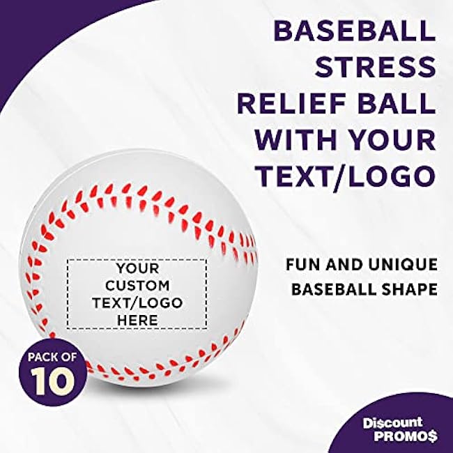 DISCOUNT PROMOS Custom Baseball Shaped Squeeze Balls Set of 10, Personalized Bulk Pack - Perfect for Promotional Giveaways - White