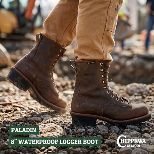 Image of Chippewa Paladin 8-Inch Logger Boots - Anti-Slip Waterproof Logger Boots for Men - Secure Lace-To-Toe Work Shoes for Men - Vibram Traction Soft Toe Leather Work Shoe - Full-Grain Leather Upper