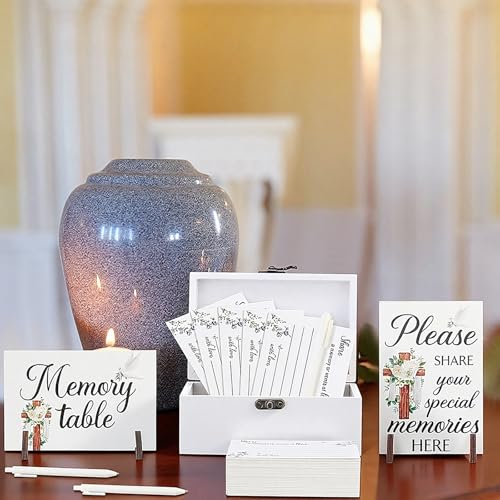 Image of Gilprop 112 Pcs Celebration of Life Memory Cards Set Share a Memory Cards with Box 2 Wood Sign with 4 Hold and 5 Pens, Sympathy Memorial Gifts Funeral Keepsake Decorations(Cross)