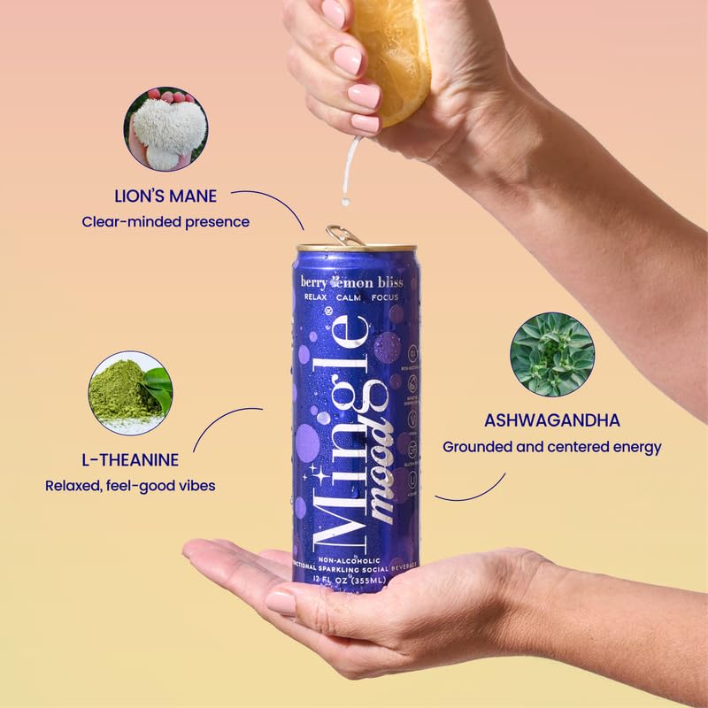 Mingle Mocktails Berry Lemon Bliss, Nootropic Non Alcoholic Drinks with Ashwagandha, L-Theanine, Lion's Mane, Adaptogens, Alcohol Alternative Pre-Mixed Mocktails, Gluten Free Vegan, 12 Pack 12 fl oz