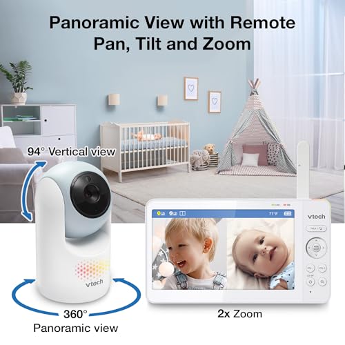 Image of VTech Baby Monitor No WiFi, 2 Cameras, 7 inch Split IPS Screen, 5000mAh 12Hr Battery, 360 Pan Tilt Zoom, Night Vision, Night Light| Advanced Max Twin Blue