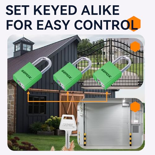 Image of SEPOX 4-Pack Green Aluminum Padlocks, Rust /Waterproof, Keyed Alike | Green aluminum set with 8 same keys, high security. For outdoor /industrial LOTO, gates, storage, lockers & fences.