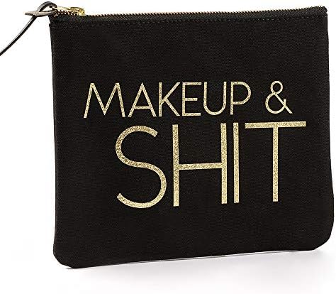 SHERWAY Black Gold Glitter Makeup Bag, Funny Canvas Cosmetic Zipper Pouch, Wedding Bridal Party Graduation Gift, Birthday Gift Christmas Gift (8 x 9.5 inch)