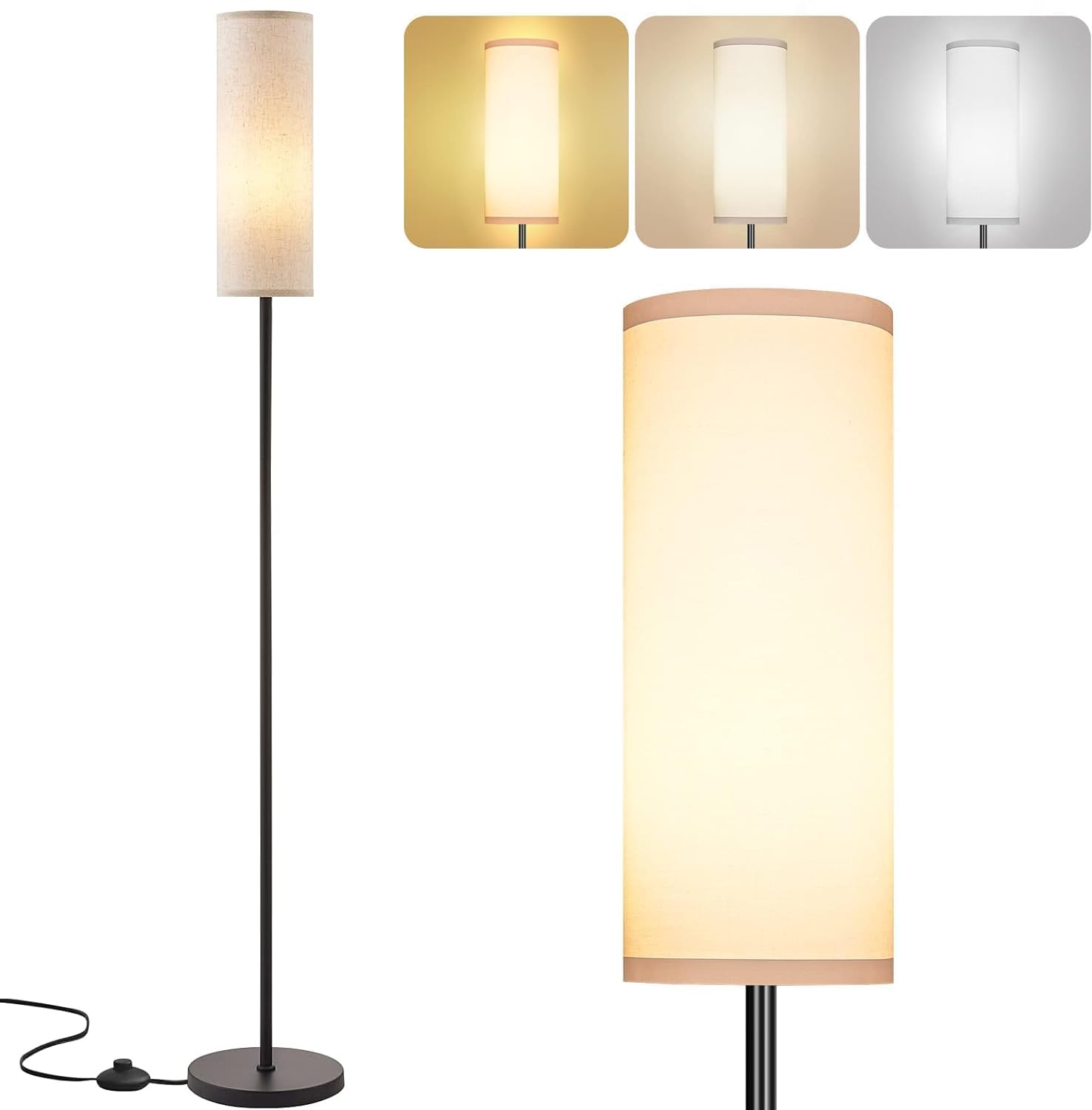 ULHYC Dimmable Floor Lamp with 3 Color Temperatures, Standing lamp with Foot Switch, Gray Linen Lamp Shade for Living Room, Bedroom, Kids Room, Office (Model B)