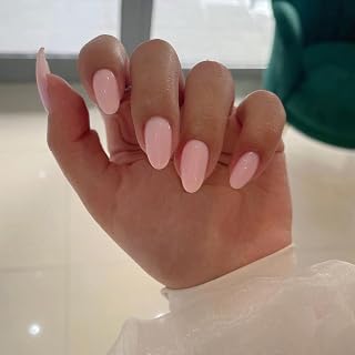 Nude Pink Press on Nails Short Oval Acrylic Nails Press on, Solid Color Medium Short Oval Fake Nails for Women Reusable Thick Round Nails Glue on, Medium Almond Nails Soft Gel False Nails 24Pcs