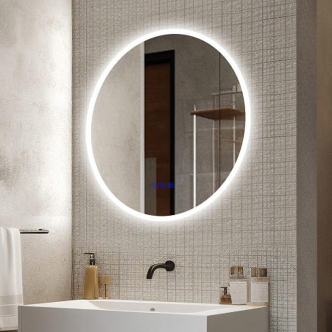 Finmrys Bluetooth Round Bathroom Mirror with LED Lights 600 mm Demister Dimmable 3 Colour Light Memory Function LED Bathroom Mirror 23.62 inch