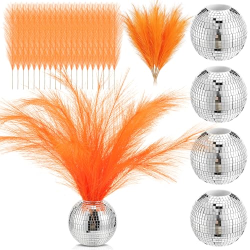 LemonRoad 24 Disco Ball Decor Pcs Showgirl Party Decorations 4 Silver Disco Ball Vase 20 Orange Artificial Pampas for Girls Night Wedding Birthday Feathers