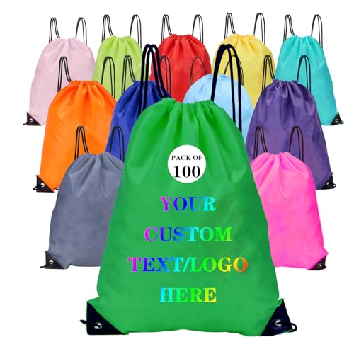 Custom Bags With Your Logo Set of 100 Custom Backpack Draw String Bags Pack Bulk for Travelling Swimming Gym Everyday Use (Green)