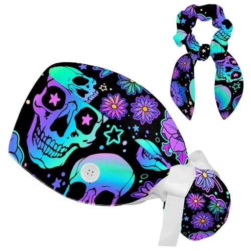 Working Cap with Button Sweatband, Neon Skulls and Flowers Scrub Cap Surgical Hats for Women Long Hair