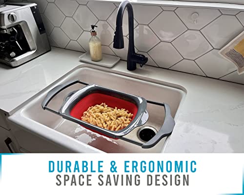 Collapsible Over The Sink Colander With Handles For Your Vegetables, Pasta, Leaves And More - Folding Kitchen Strainer 6-Quart Capacity By Comfify - Red #TOP2