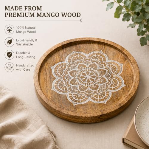 Image of Round Wooden Tray 10 Inch with Mandala Design | Mango Wood Serving Tray for Coffee Table, Snacks, Breakfast & Home Decor | Rustic Decorative Centerpiece Tray for Kitchen & Living Room