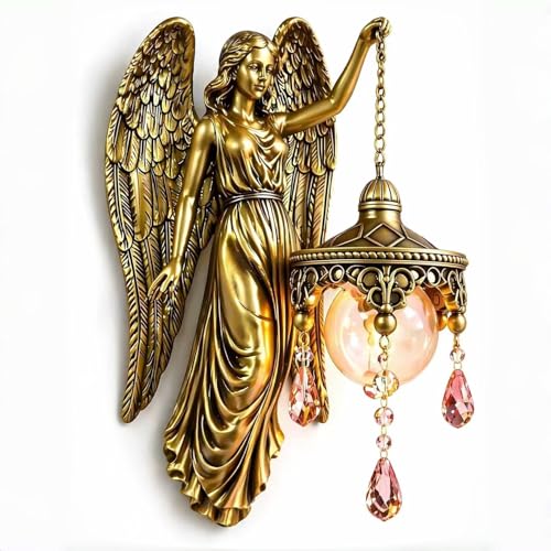 ATZNWX Angel Wall Lamp Vintage Holy Guardian Night Light with Frosted Crystal & Wings Battery Operated Wall Sconce for Bedroom Nursery Living Room Chapel & Hotel Classic Inspirational Decor