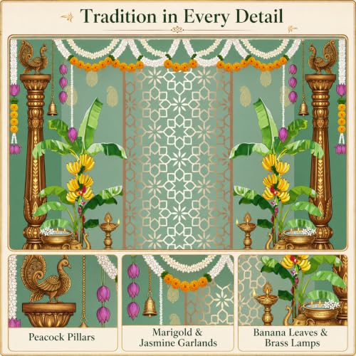 Image of India Pooja Backdrop Decorations, Traditional Banana Leaf Marigold Garland Photography Background for India Wedding, Haldi, Mehendi, Diwali, Housewarming, Festival Decoration Wall Decor Props 5X3FT