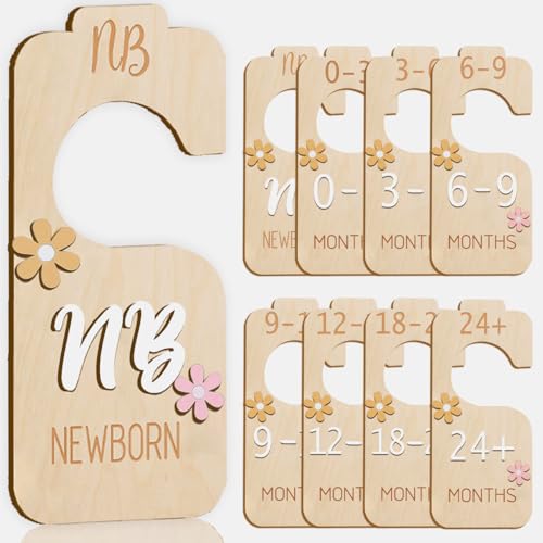 Image of eoscasely Baby Closet Divider - 3D Double-Sided Wooden Baby Wardrobe Baby Closet Organizer,Daisy design Nursery Decor Clothes Hanger Dividers for Sorting 8 Sizes from Newborn to 24+ Months
