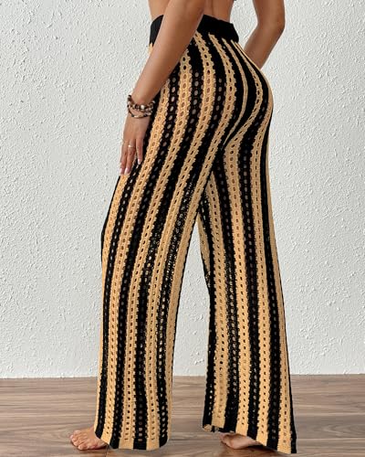 Bsubseach Womens Crochet Swimsuit Coverup Pants Striped High Waisted Drawstring Sexy Sheer Mesh Knit Wide Leg Beach Pants3