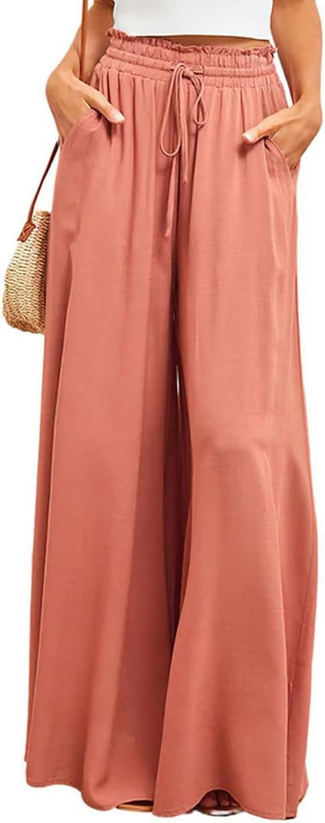 Womens Business Casual Wide-Leg Palazzo Pants Elastic High Waist Flowy Trousers Beach Travel Pant with Pockets