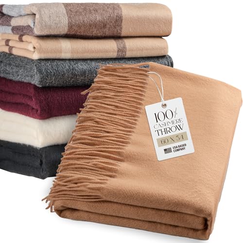 Velanio Cashmere 100% Cashmere Throw Blanket with Fringe 60 x 54 Inch Super Soft Warm for Home, Travel Sofa Bed (Camel)