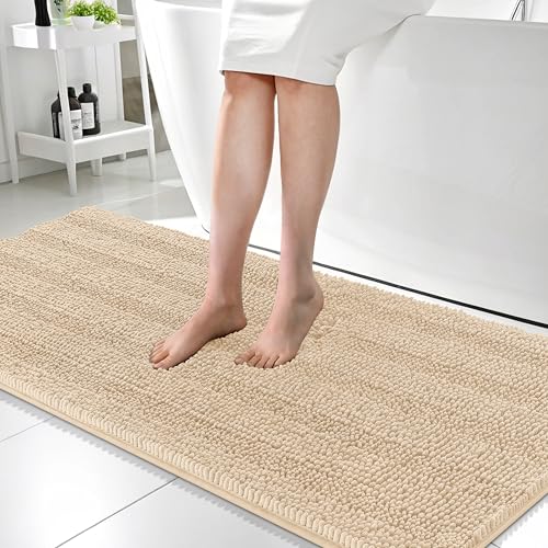 Image of OLANLY Thick Bathroom Runner Rugs 59x24, Absorbent Chenille Striped Bath Rugs, Rubber Backing, Machine Wash Dry, Extra Long Bath Mats for Bathroom Floor, Tub and Shower, Home Decor Accessories, Beige